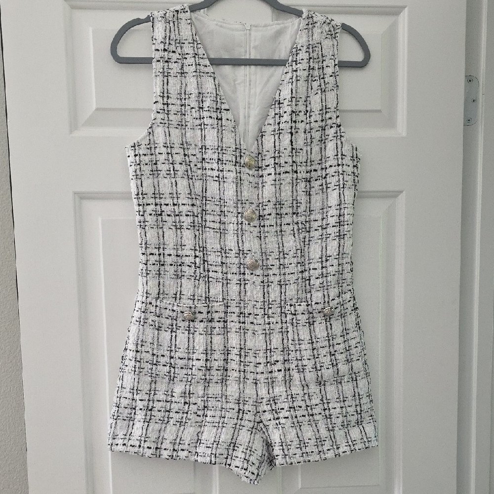 Women's Black and White Tweed Jumpsuit